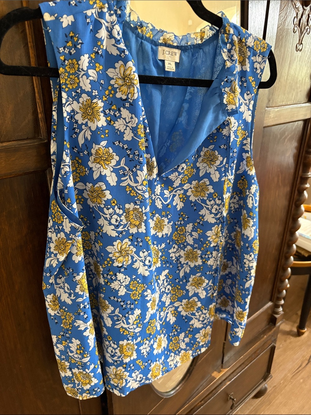 J. Crew Blue Floral Sleeveless V-Neck Top